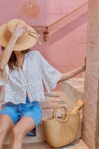 Embroidered bows crop blouse