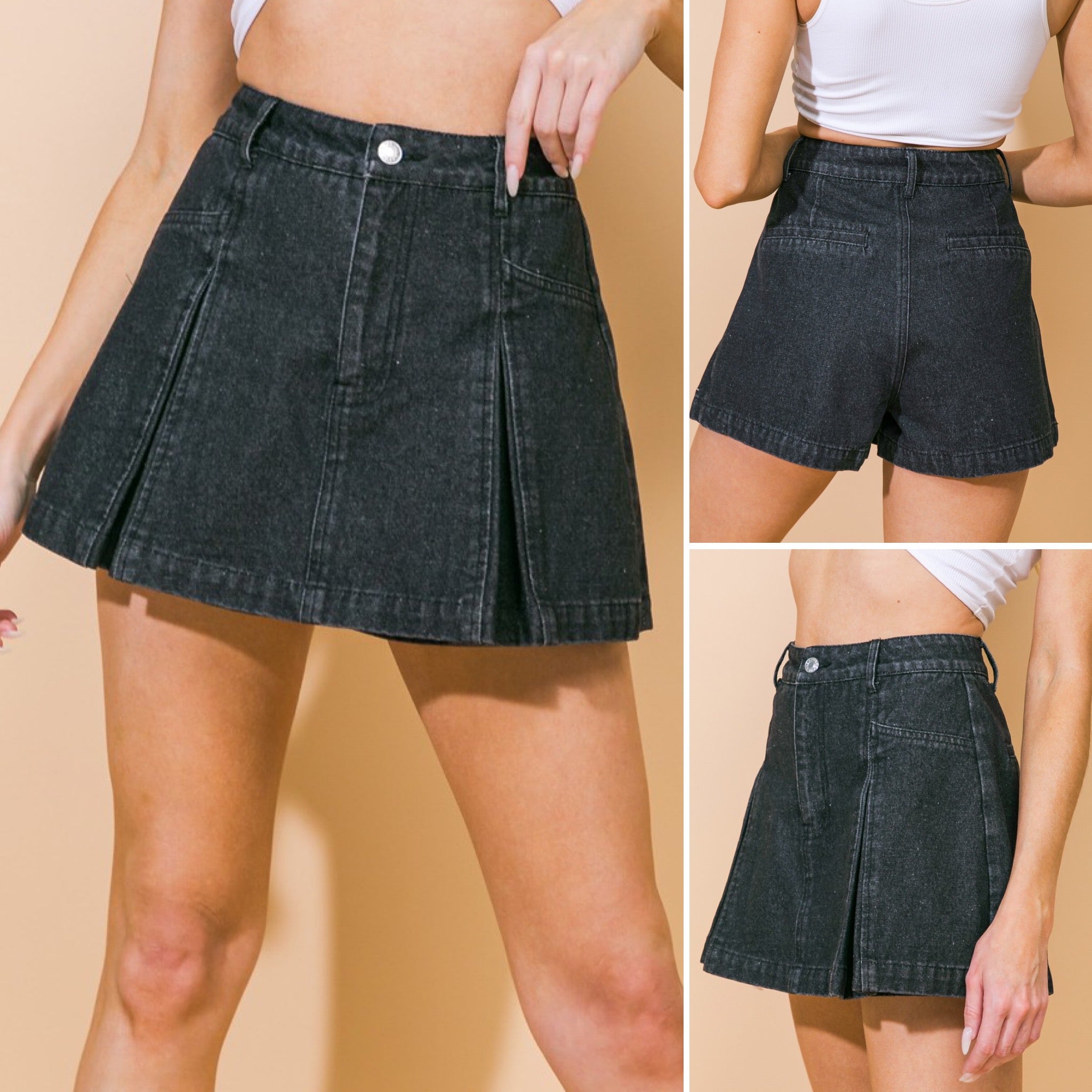 Pleated denim skort