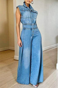 Wide leg denim jumpsuit