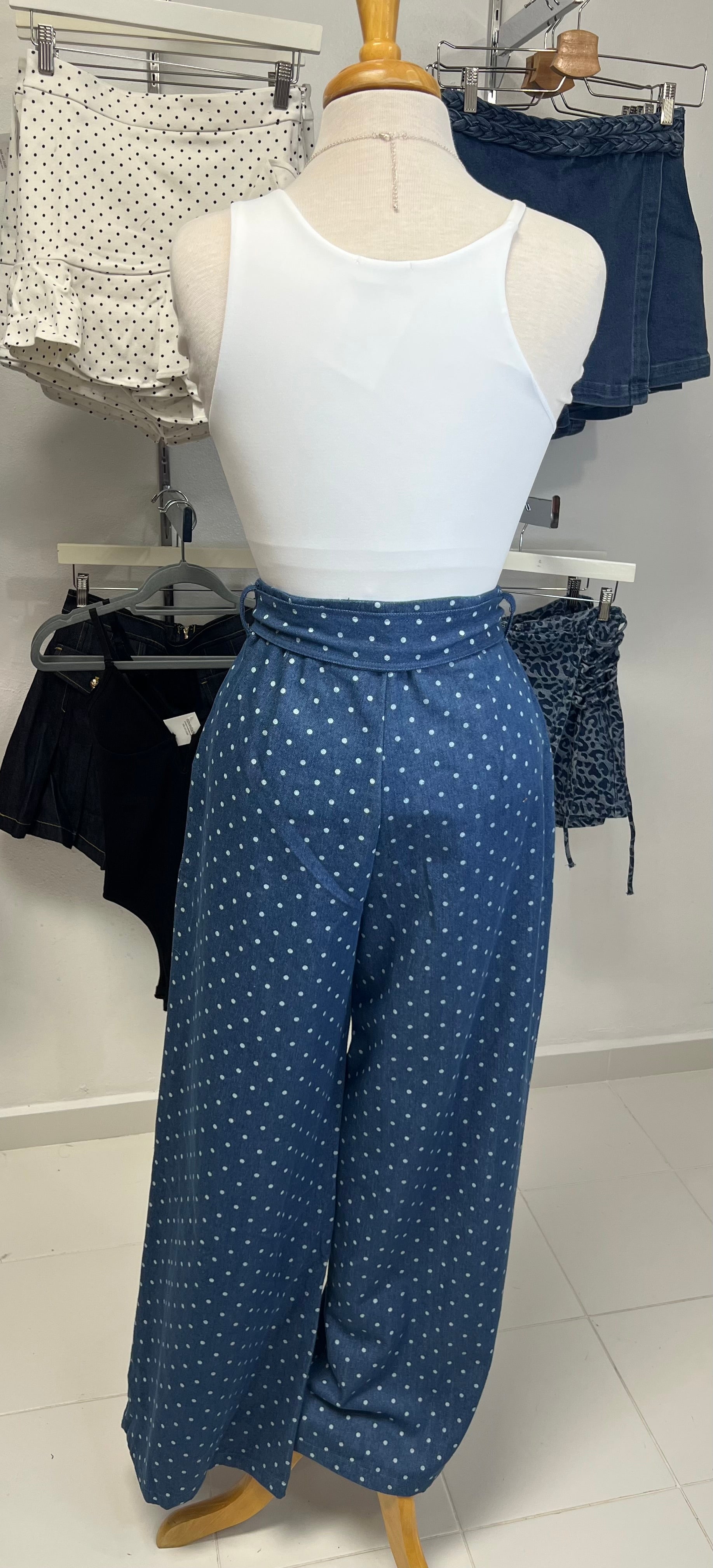 Polka dots denim baggy pants