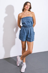 Strapless denim romper