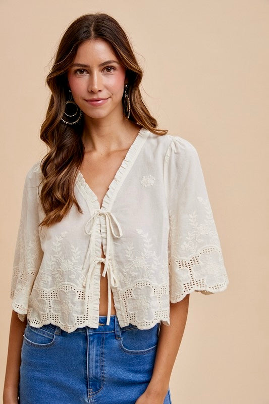 Embroidered bows crop blouse