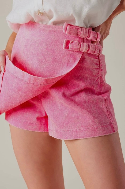 Bows acid washed denim skort