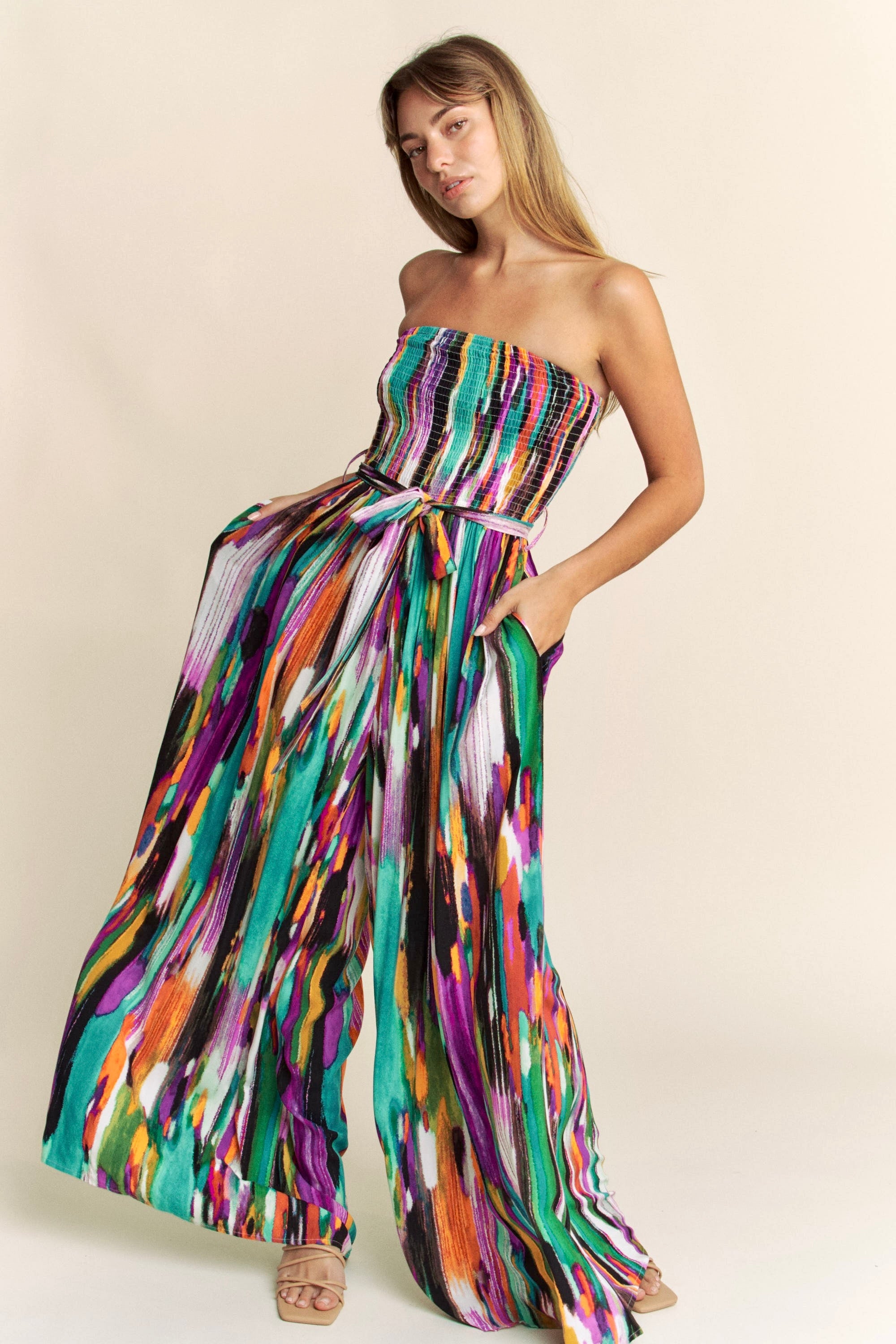 Abstract colorful strapless jumpsuit