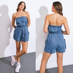 Strapless denim romper