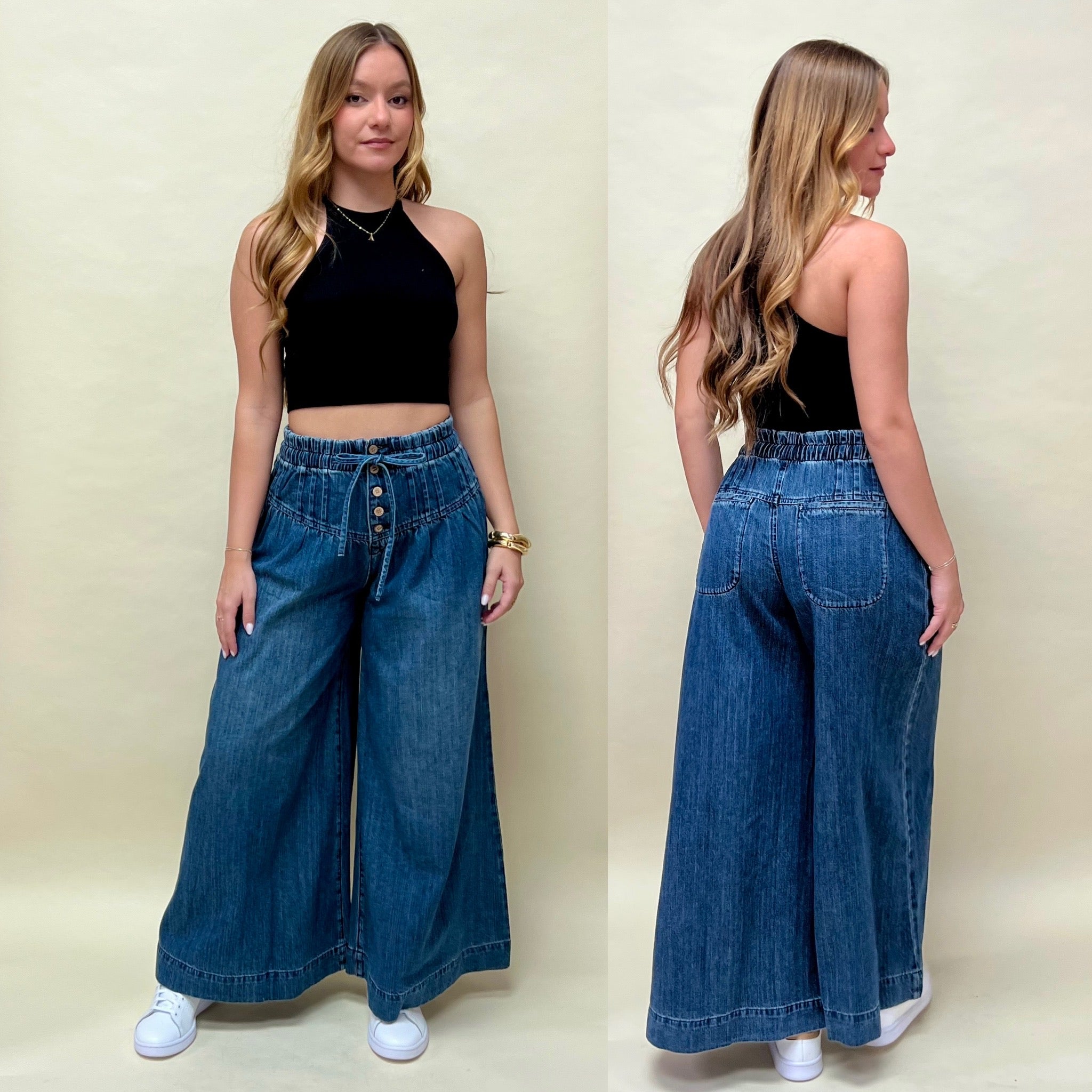 Pleated wide leg jean