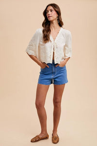 Embroidered bows crop blouse