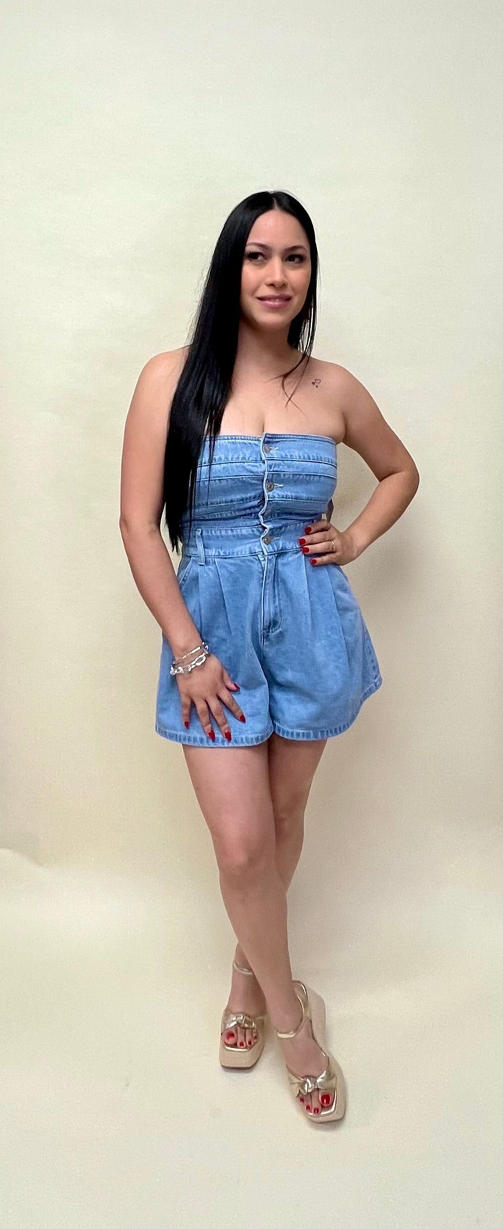 Strapless denim romper