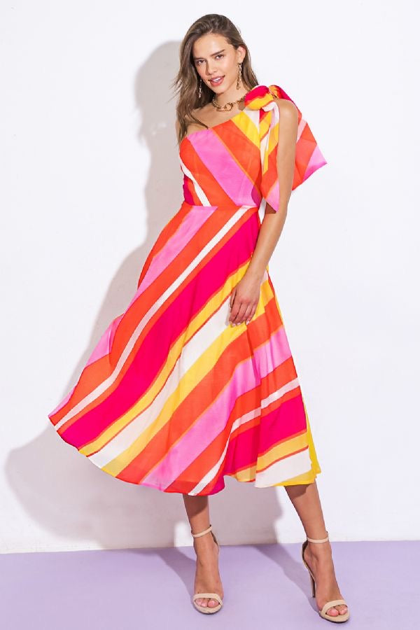 Organza bow & stripes midi dress