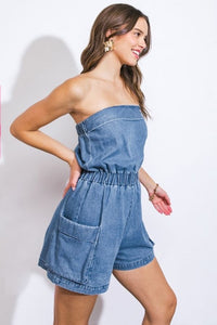 Strapless denim romper