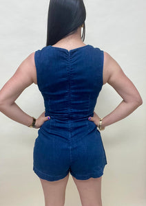 Squared neck denim romper