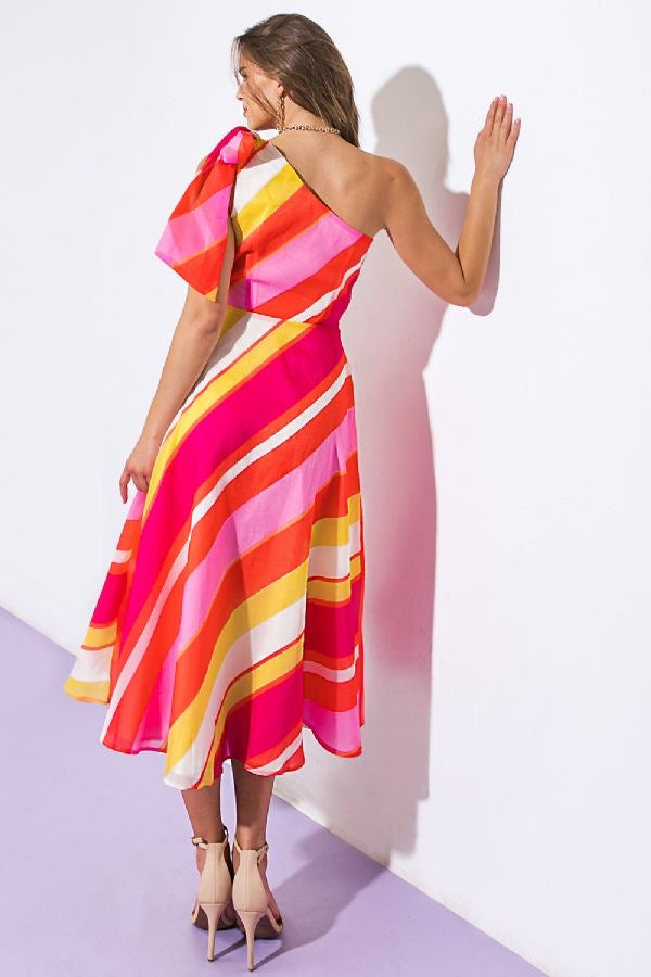 Organza bow & stripes midi dress