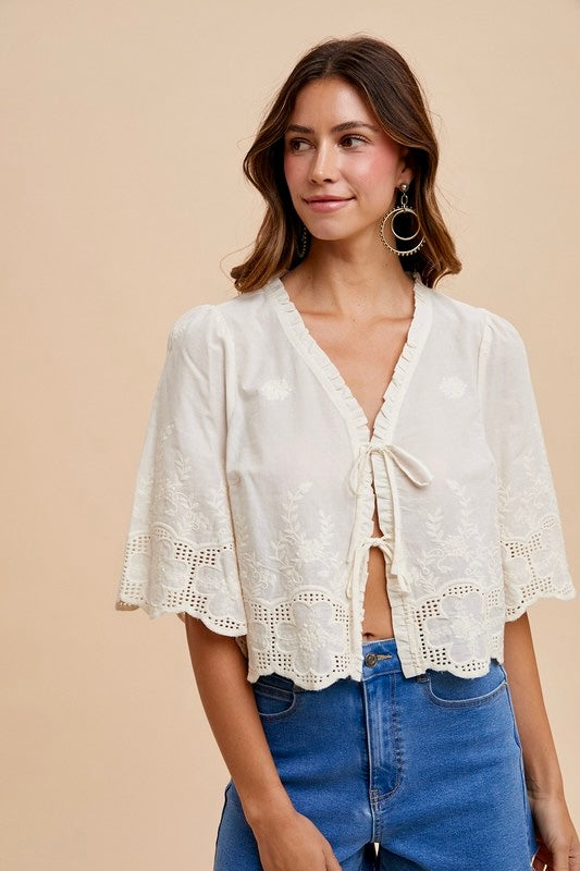 Embroidered bows crop blouse