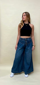 Pleated wide leg jean