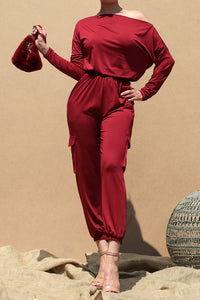 Boat neck cargo jumpsuit