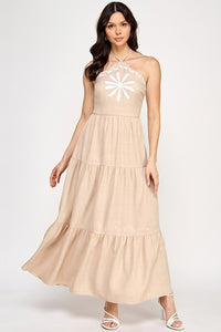 Embroidered halter maxi dress