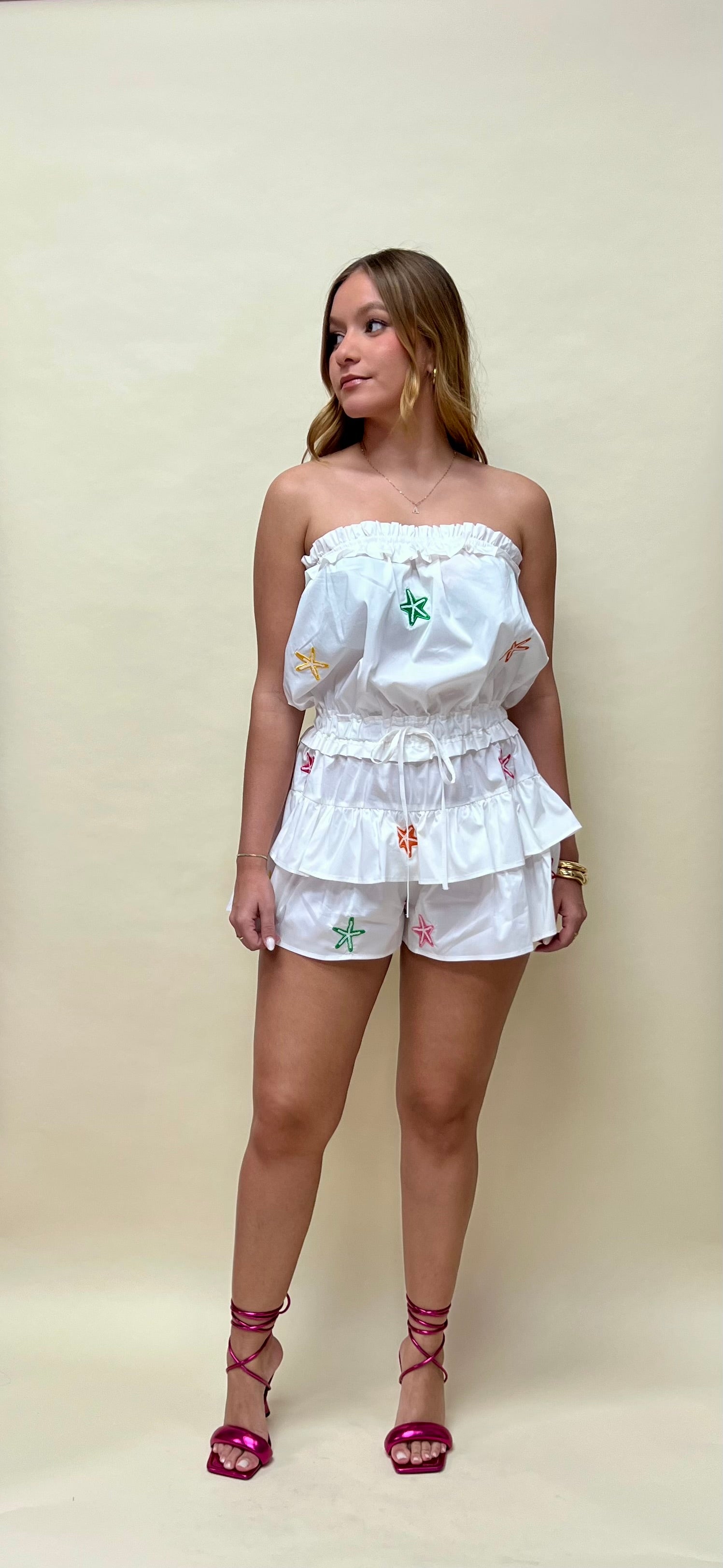 Stars embroidered strapless romper