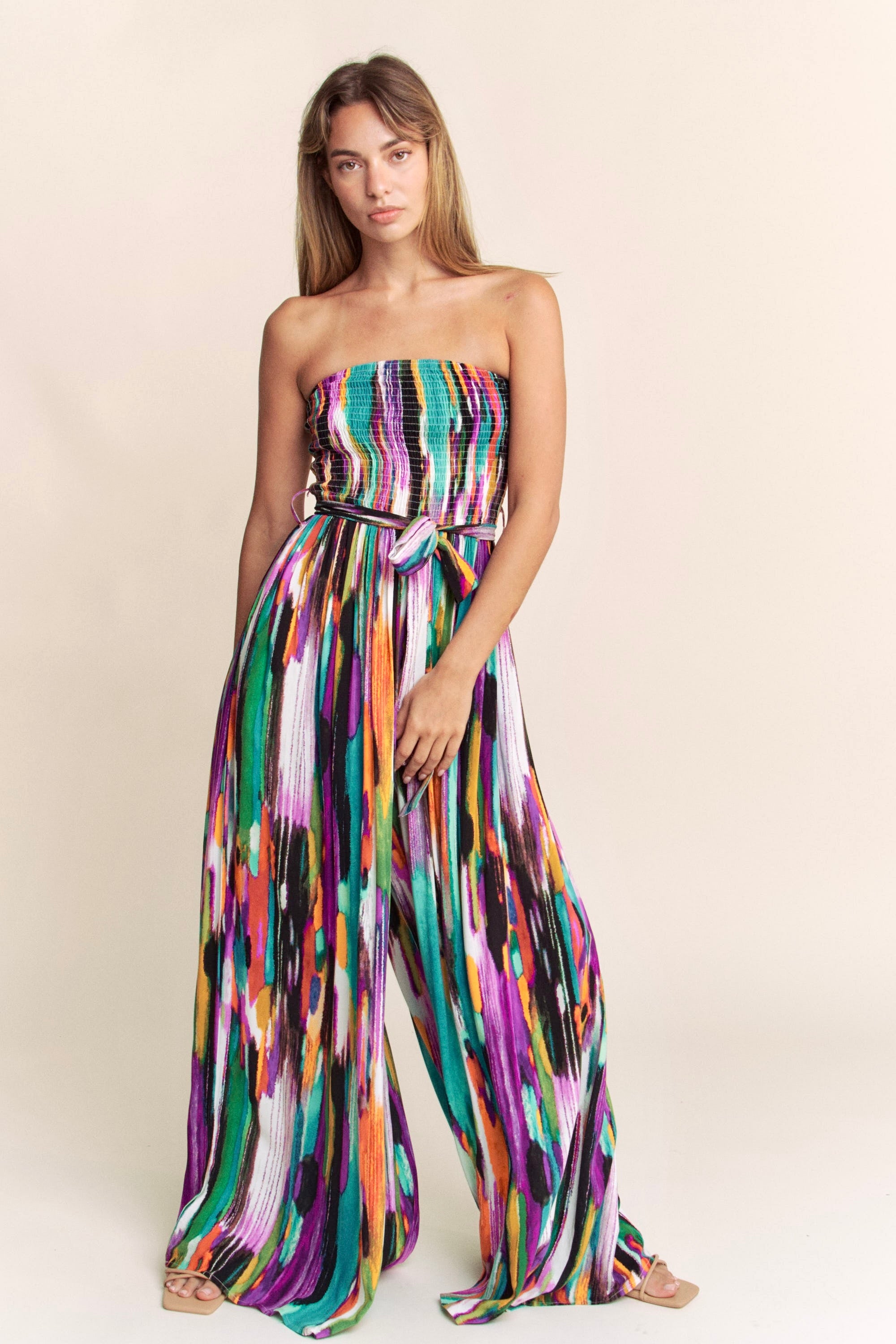 Abstract colorful strapless jumpsuit