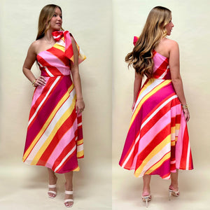 Organza bow & stripes midi dress