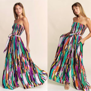 Abstract colorful strapless jumpsuit