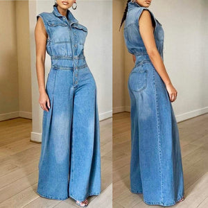 Wide leg denim jumpsuit