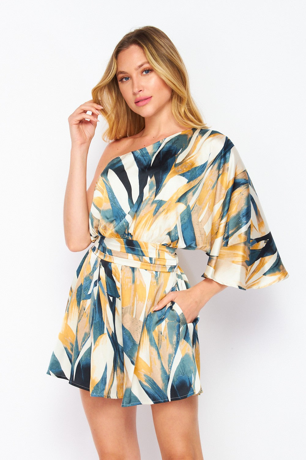 One shoulder printed romper