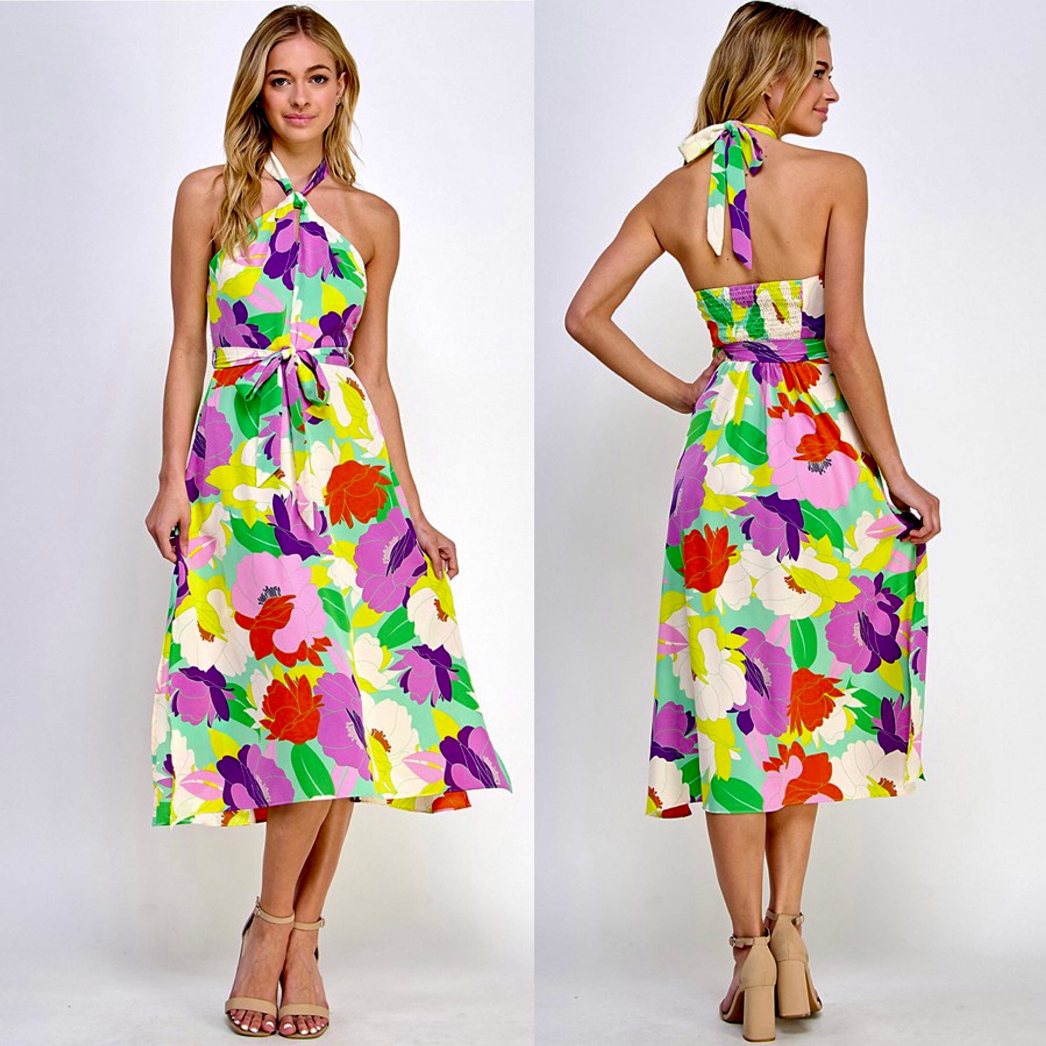 Halter printed midi dress