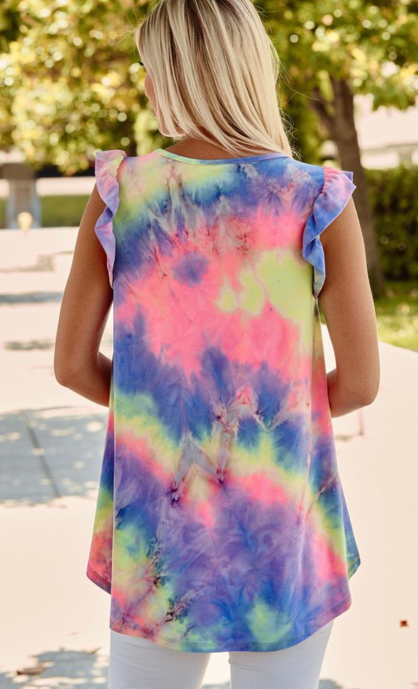 Tie dye ruffles sleeves blouse