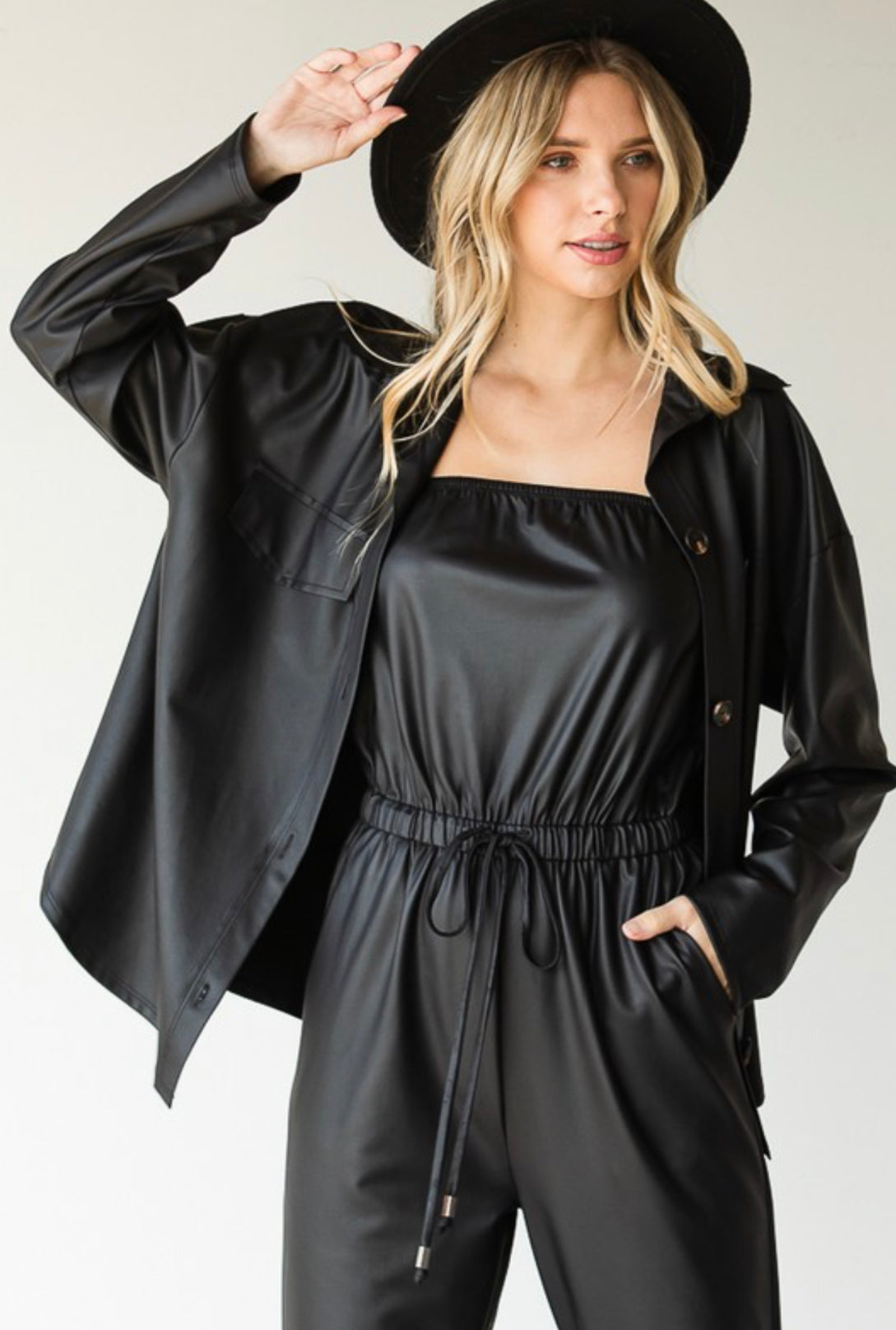 Faux leather front buttons blouse