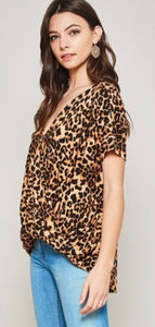 Leopard wrap V neck high low hem blouse