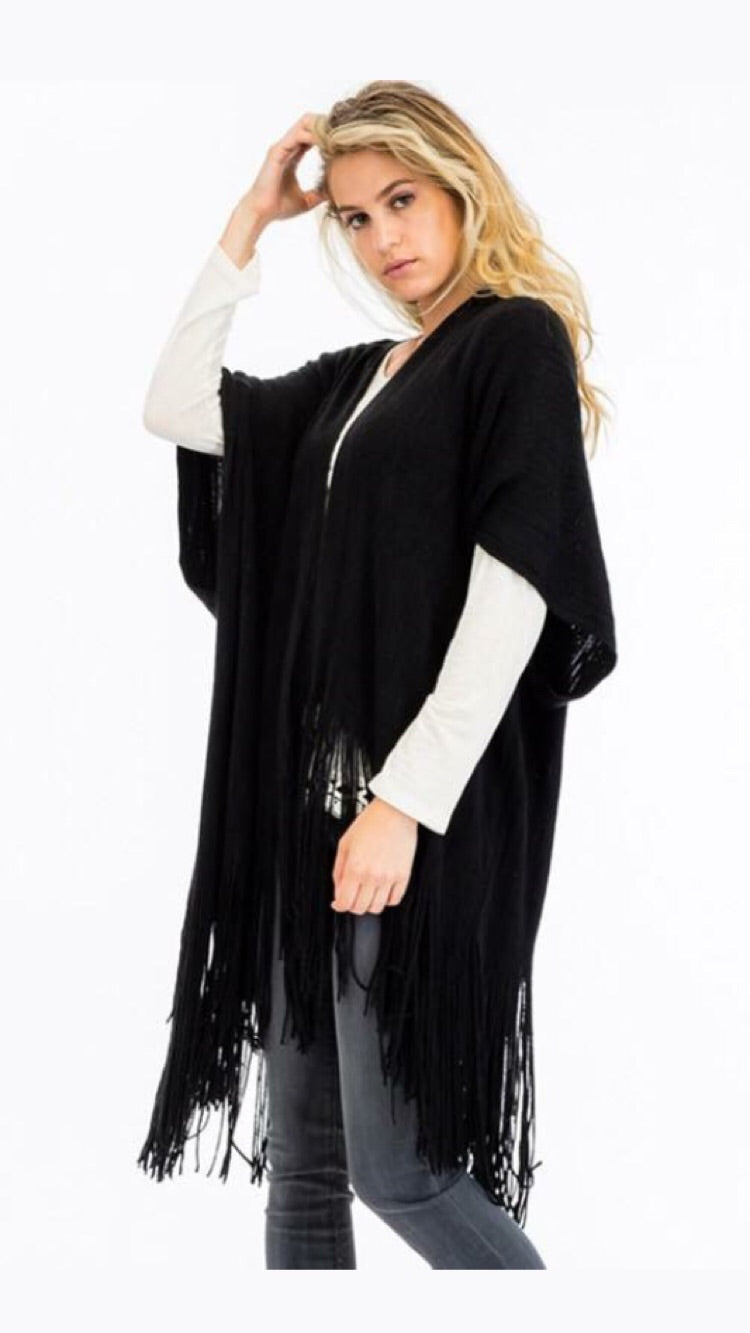 Open cardigan poncho with fringes