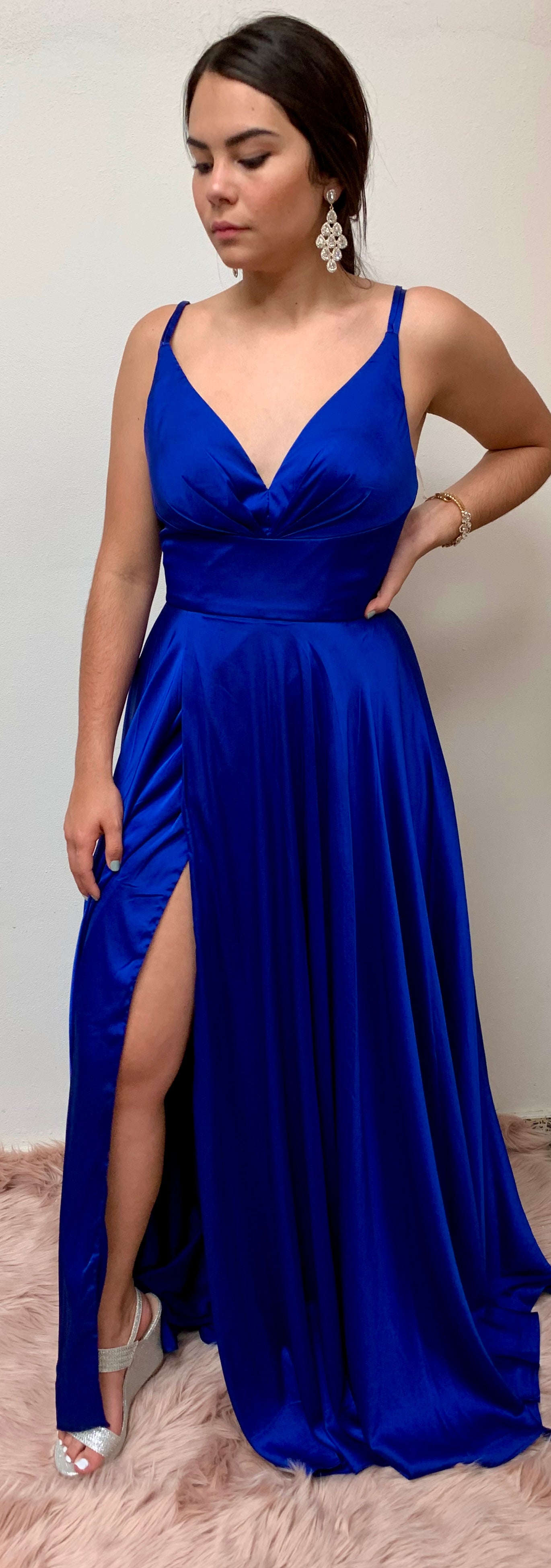 Wide waist band satin special occasion gown