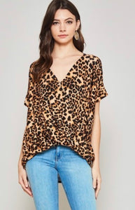 Leopard wrap V neck high low hem blouse