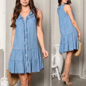 Shirred ruffles layared denim dress