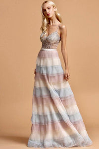 Plaided layered tulles & beaded special occasion gown