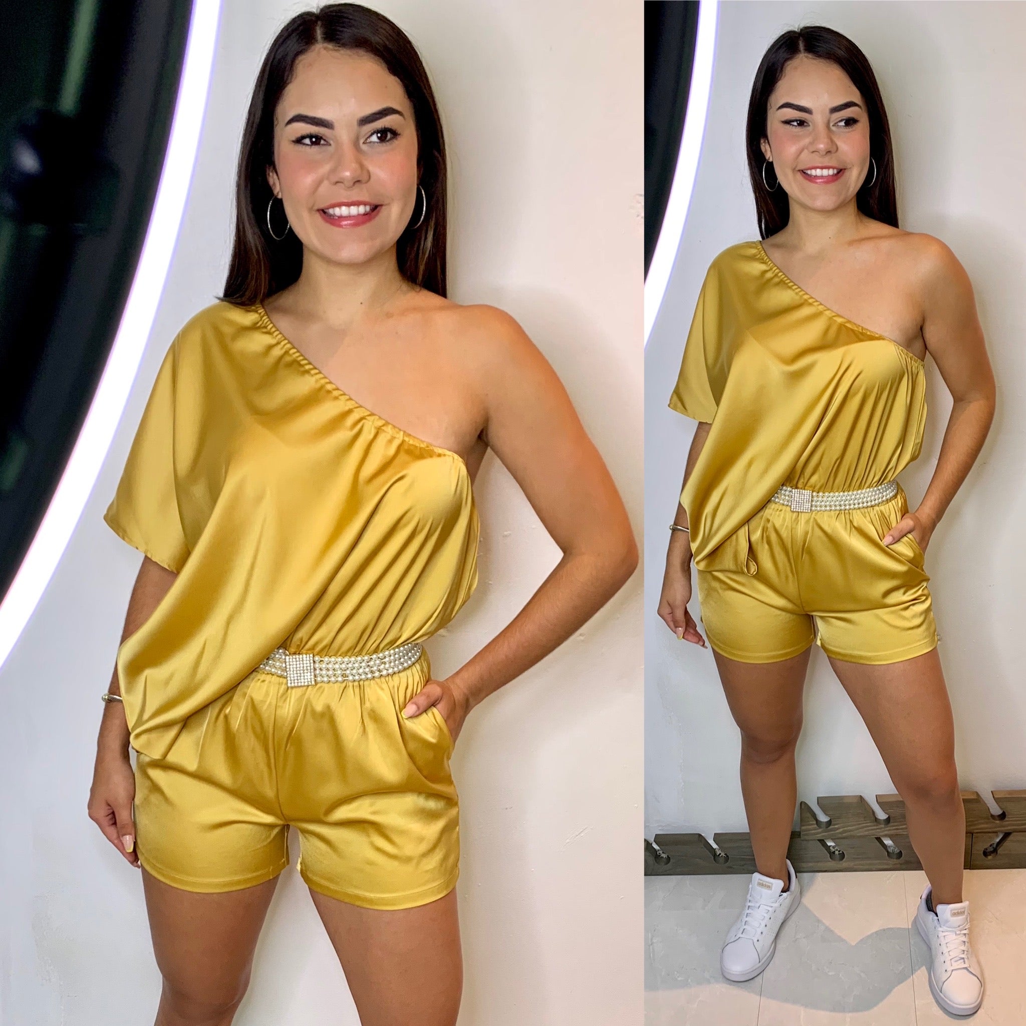 Golden one shoulder romper