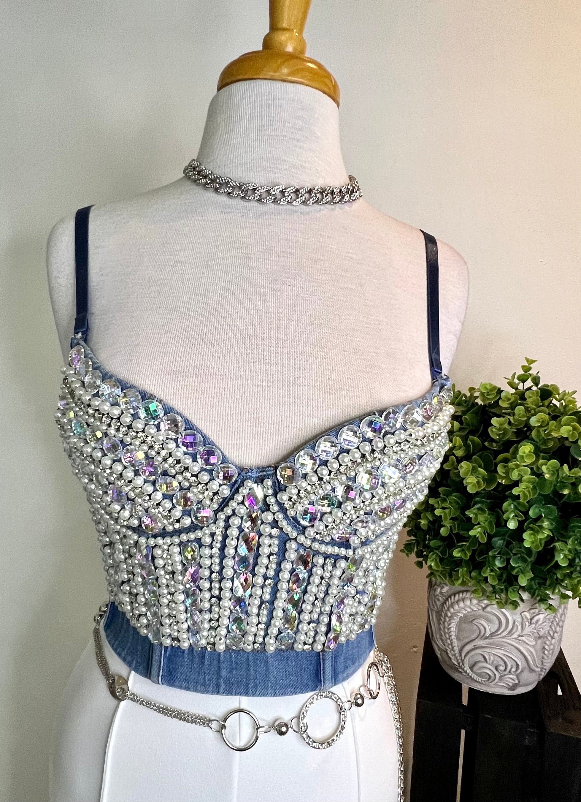 Pearls, Stones & Rhinestones denim bustier