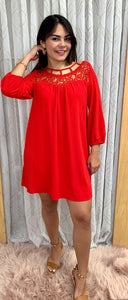 Red dress with lace sweetheart three quarter bubble