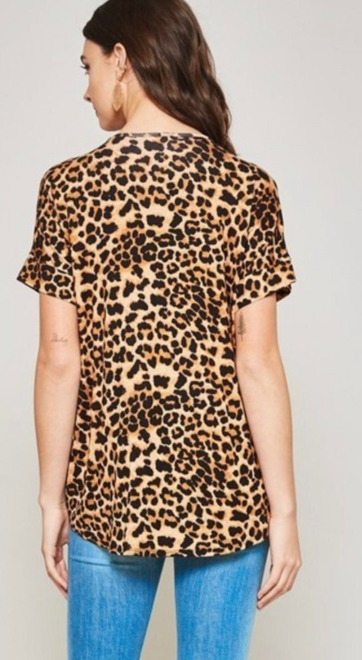 Leopard wrap V neck high low hem blouse