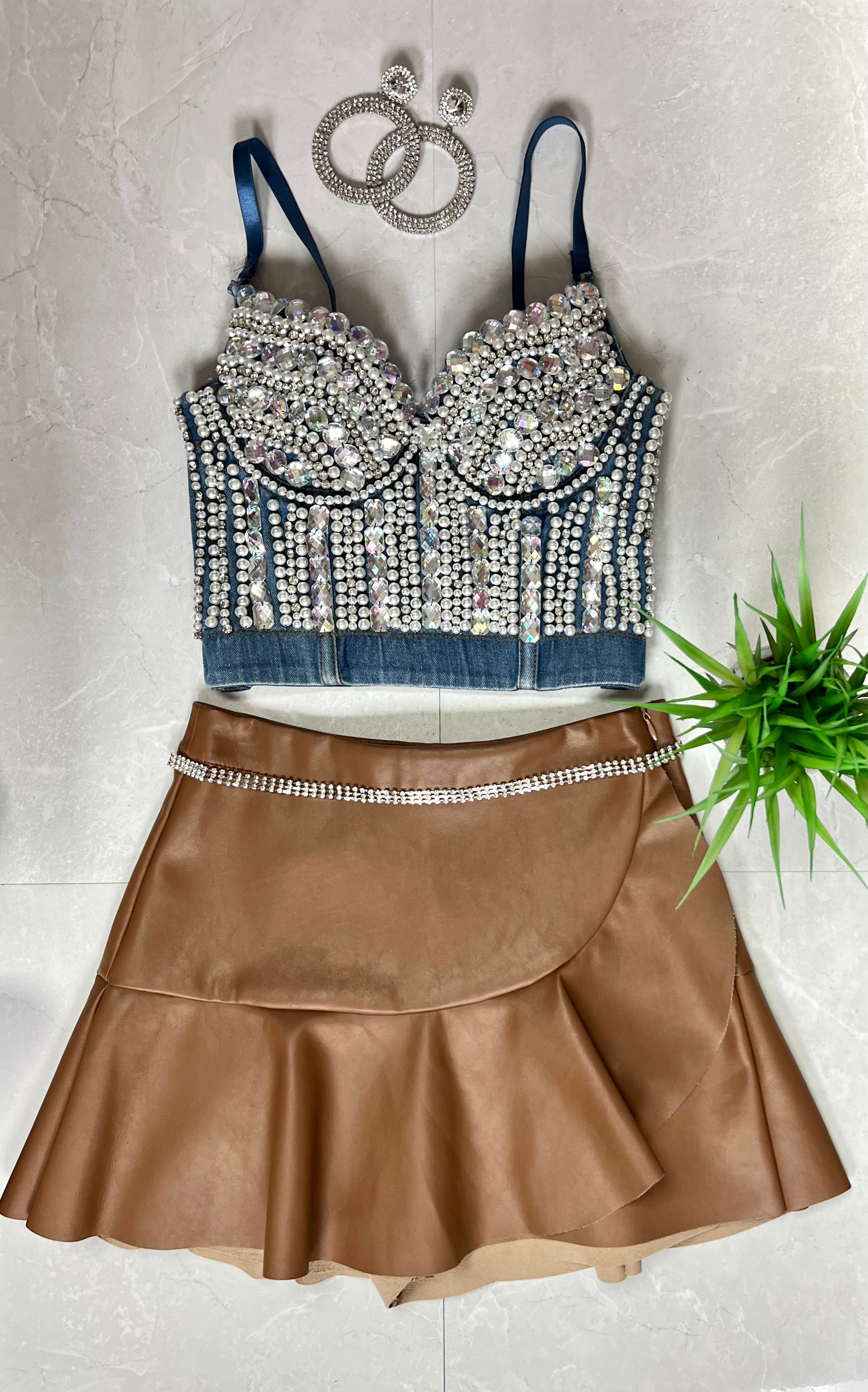 Pearls, Stones & Rhinestones denim bustier